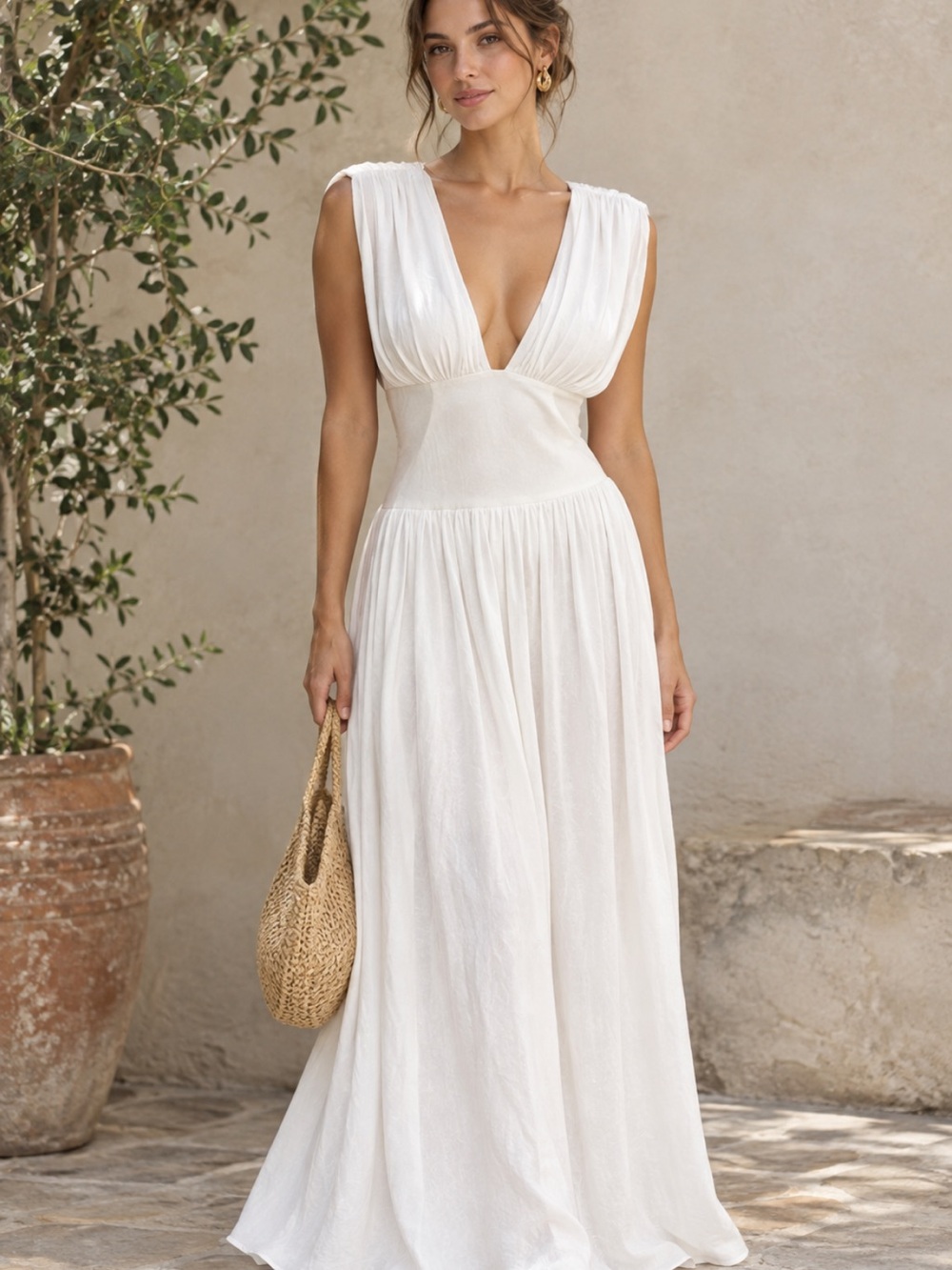 Zara White Deep V Maxi Dress